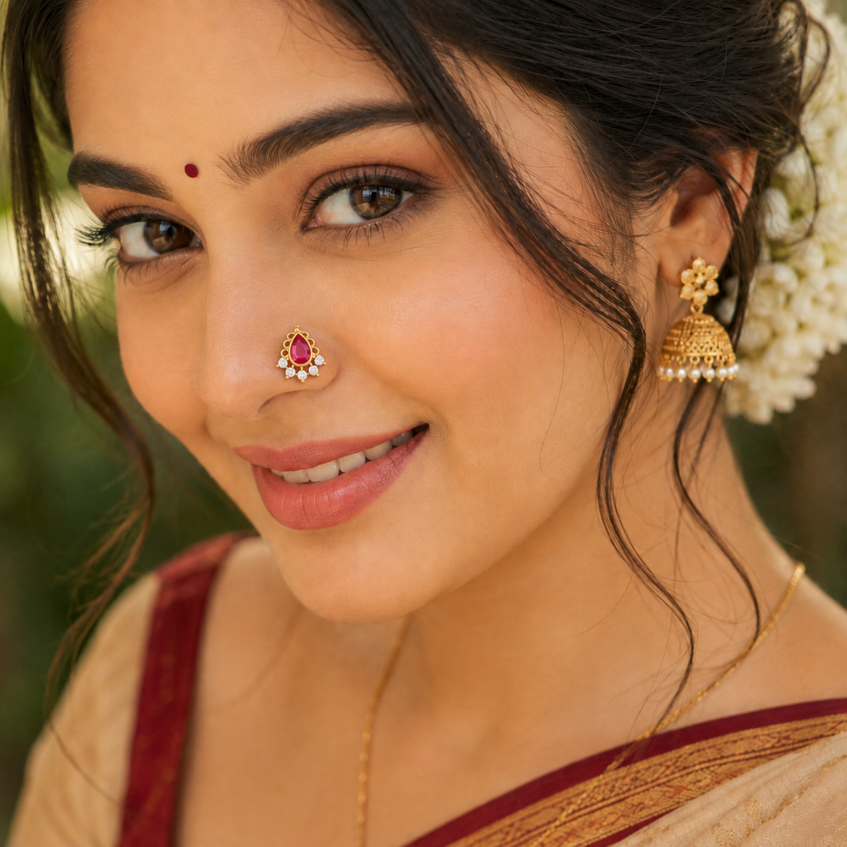 Traditional Halo Ruby CZ Nose Pin – Sterling Silver Gold Plated