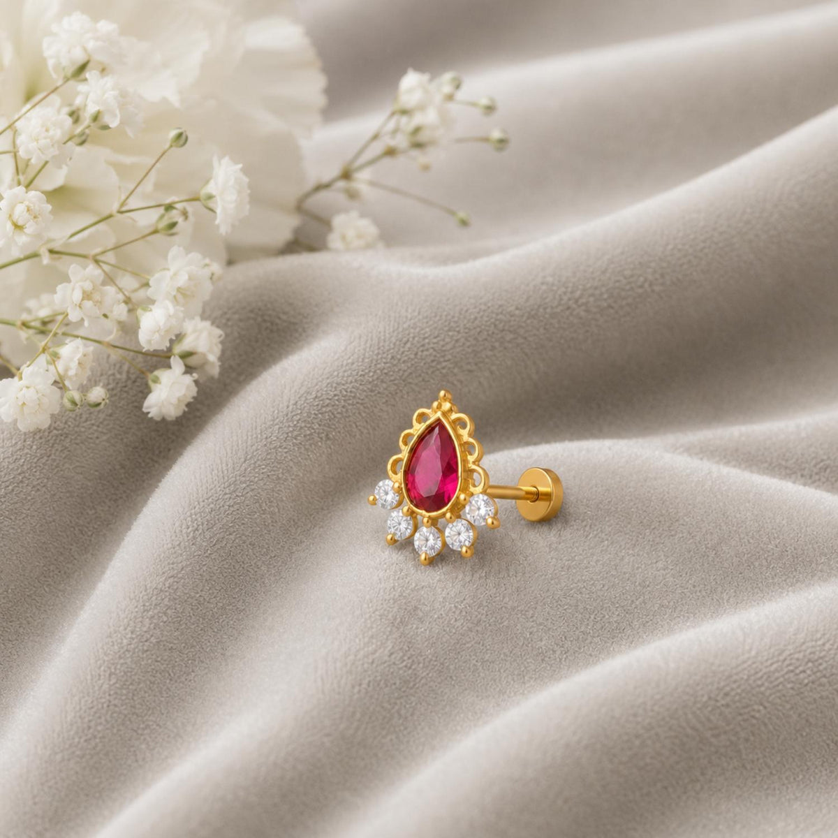 Traditional Halo Ruby CZ Nose Pin – Sterling Silver Gold Plated