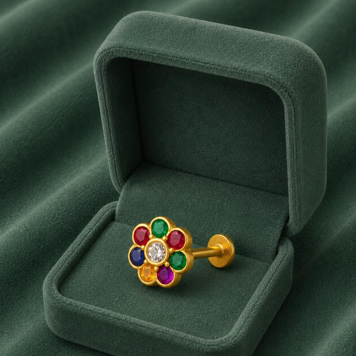 White CZ Center Navratna Floral  Nose Pin – Sterling Silver Gold-Plated
