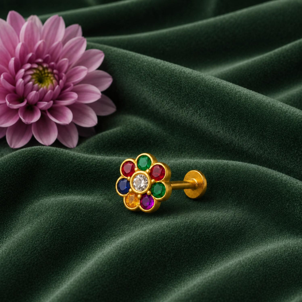 White CZ Center Navratna Floral  Nose Pin – Sterling Silver Gold-Plated