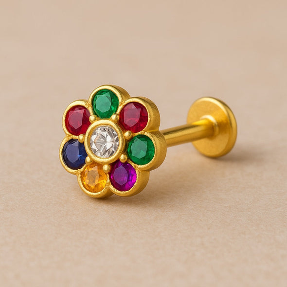 White CZ Center Navratna Floral  Nose Pin – Sterling Silver Gold-Plated