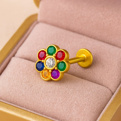 White CZ Center Navratna Floral  Nose Pin – Sterling Silver Gold-Plated