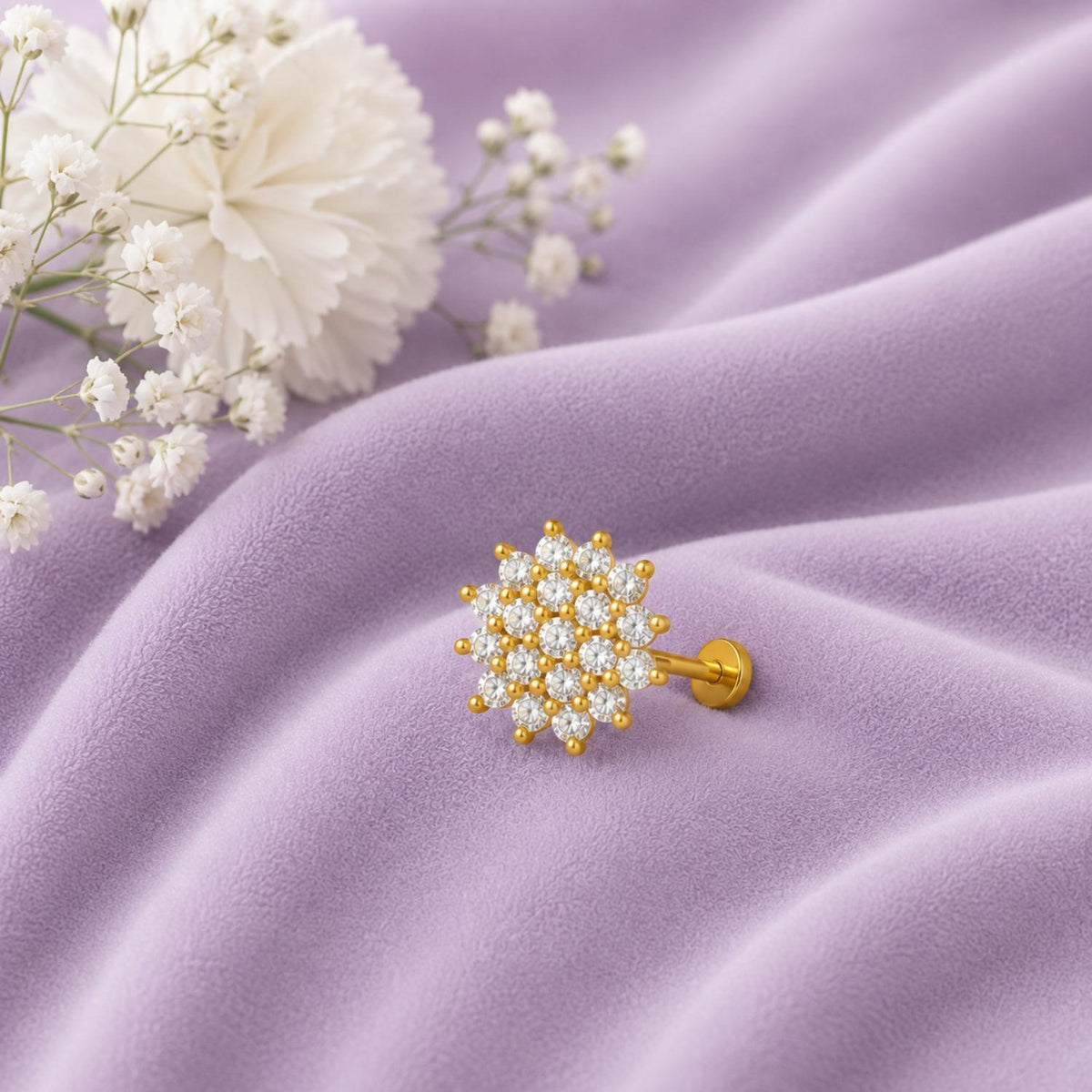 White CZ Round Cluster Floral Design Nose pin - Gold Plated 925 Silver