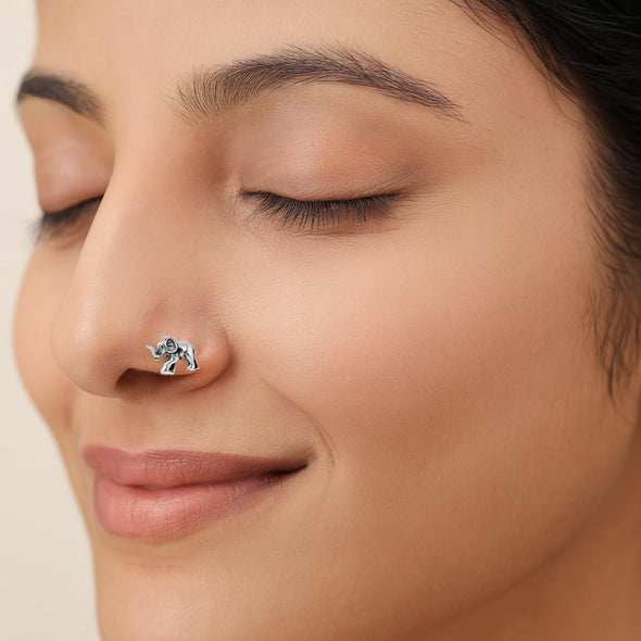 Tribal Animal Elephant Nose Pin - 925 Oxidized Sterling Silver