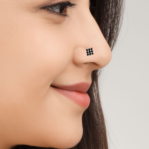 Black Spinel Cluster Floral Nose Pin- 925 Sterling Silver