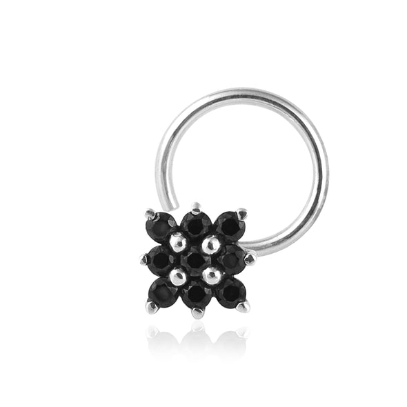 Black Spinel Cluster Floral Nose Pin- 925 Sterling Silver