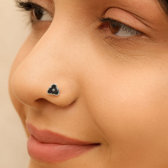 Floral Motif Nose Pin - 925 Oxidized Sterling Silver