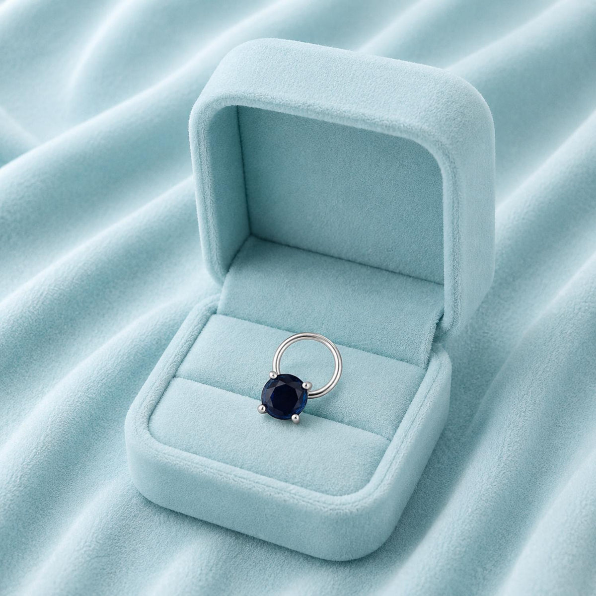 Round Blue Sapphire Solitaire Nose Pin - Sterling Silver