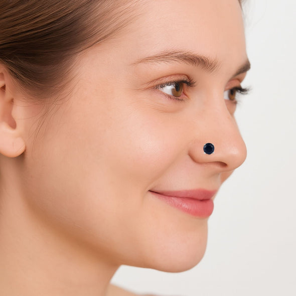 Round Blue Sapphire Solitaire Nose Pin - Sterling Silver