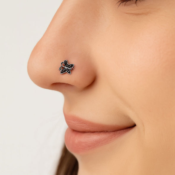 Textured Tribal Butterfly Nose Pin- Oxidized Sterling Silve