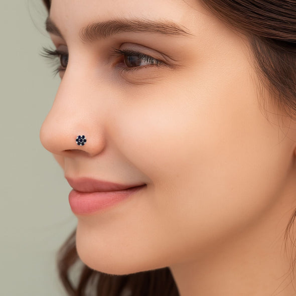 Blue Sapphire Floral Cluster Nose Pin - Sterling Silver