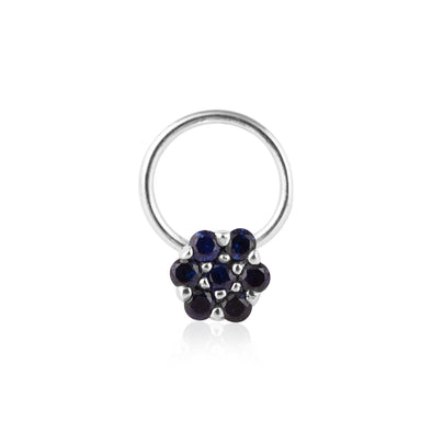 Blue Sapphire Floral Cluster Nose Pin - Sterling Silver