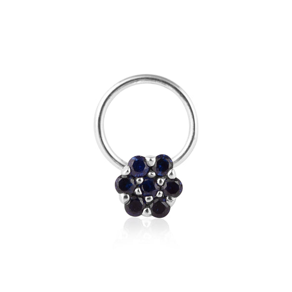 Blue Sapphire Floral Cluster Nose Pin - Sterling Silver