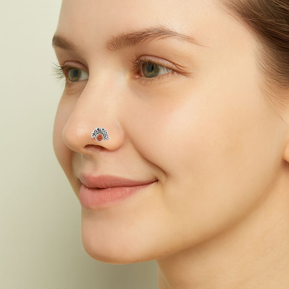 Citrine Stone with Heart Leaf Motif Nose Pin - Sterling Silver