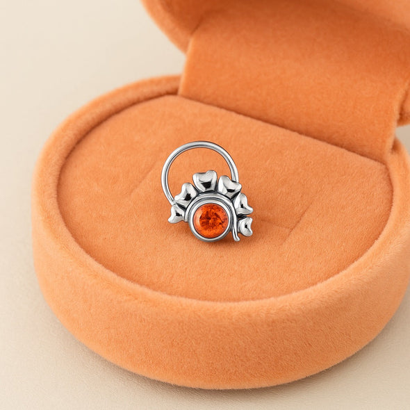 Citrine Stone with Heart Leaf Motif Nose Pin - Sterling Silver