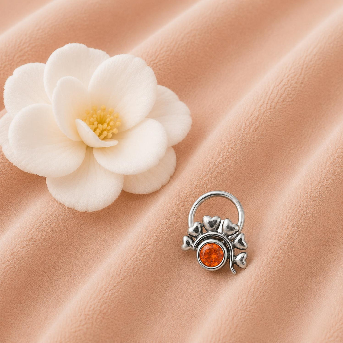 Citrine Stone with Heart Leaf Motif Nose Pin - Sterling Silver