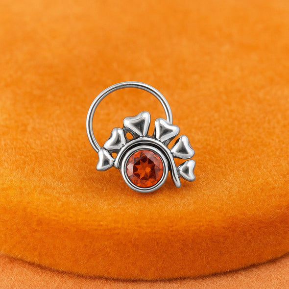 Citrine Stone with Heart Leaf Motif Nose Pin - Sterling Silver