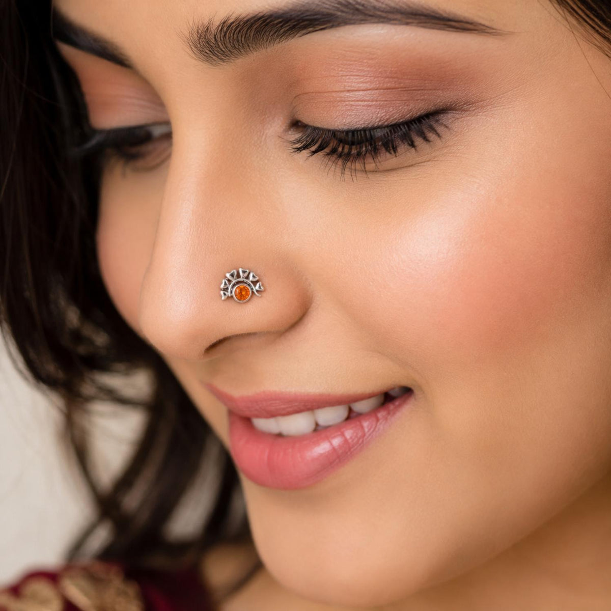 Citrine Stone with Heart Leaf Motif Nose Pin - Sterling Silver