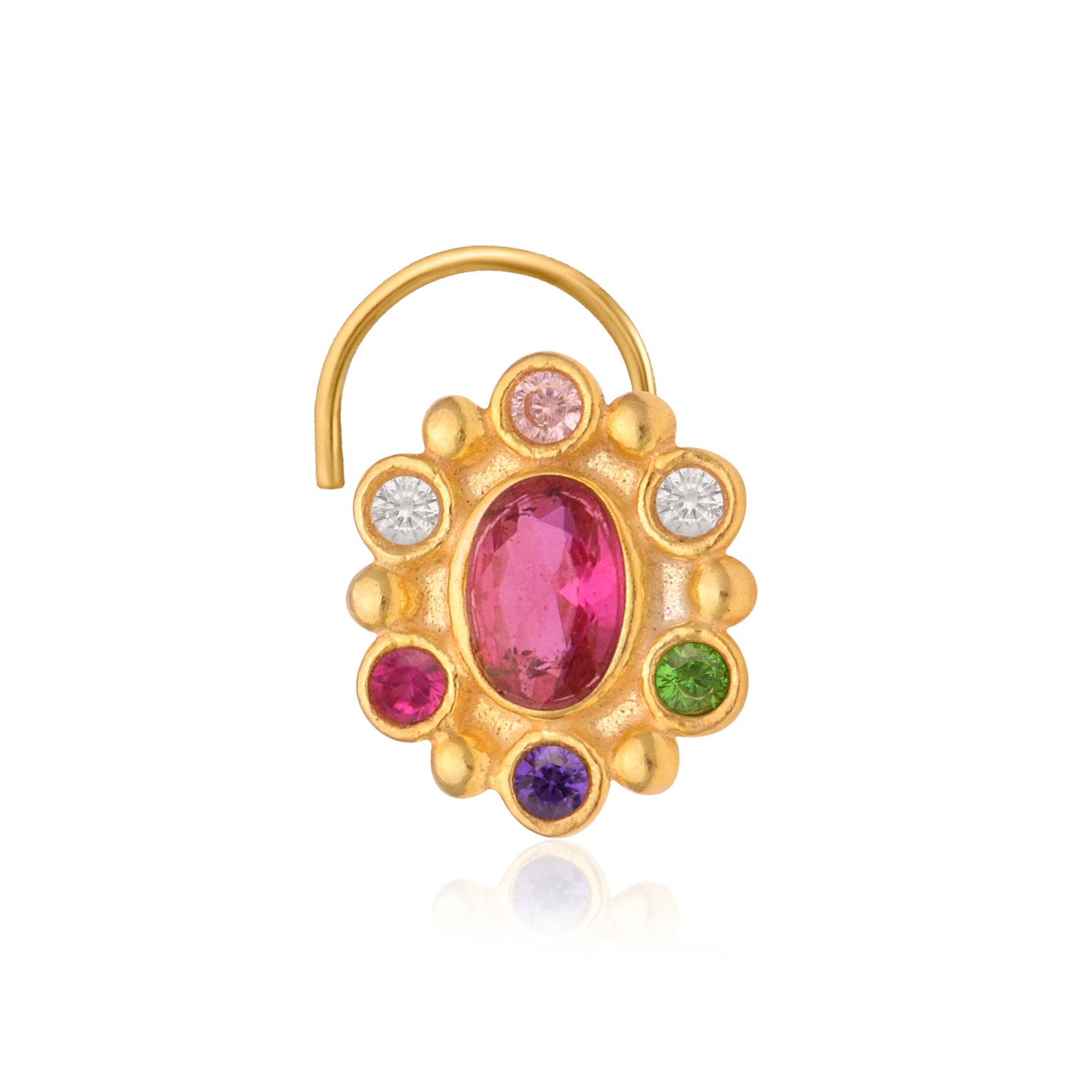 Multi Stone Oval Center Halo Floral Nose Pin – Gold Plated 925 Sterling Silver