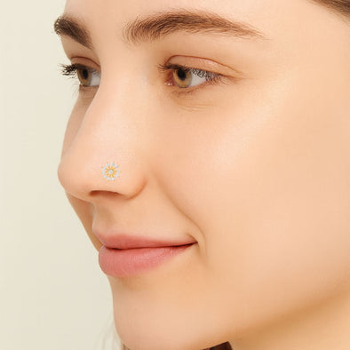 White CZ Cluster Design Sunburst Nose Pin - Gold Plated Sterling Silver