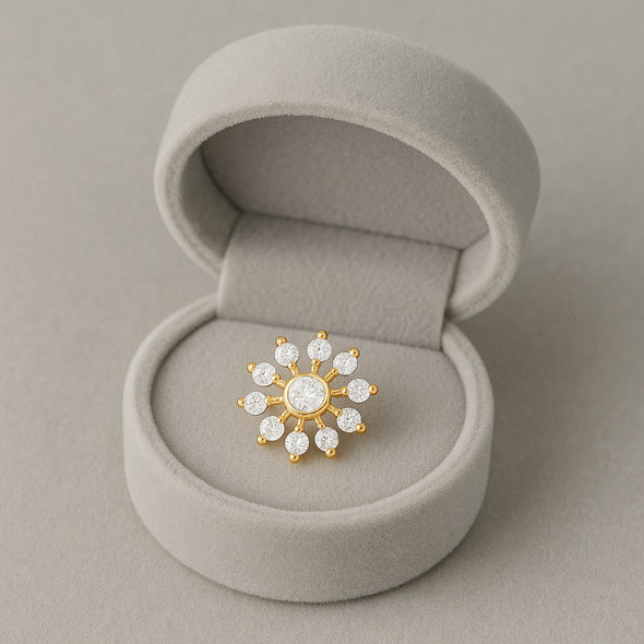 White CZ Cluster Design Sunburst Nose Pin - Gold Plated Sterling Silver