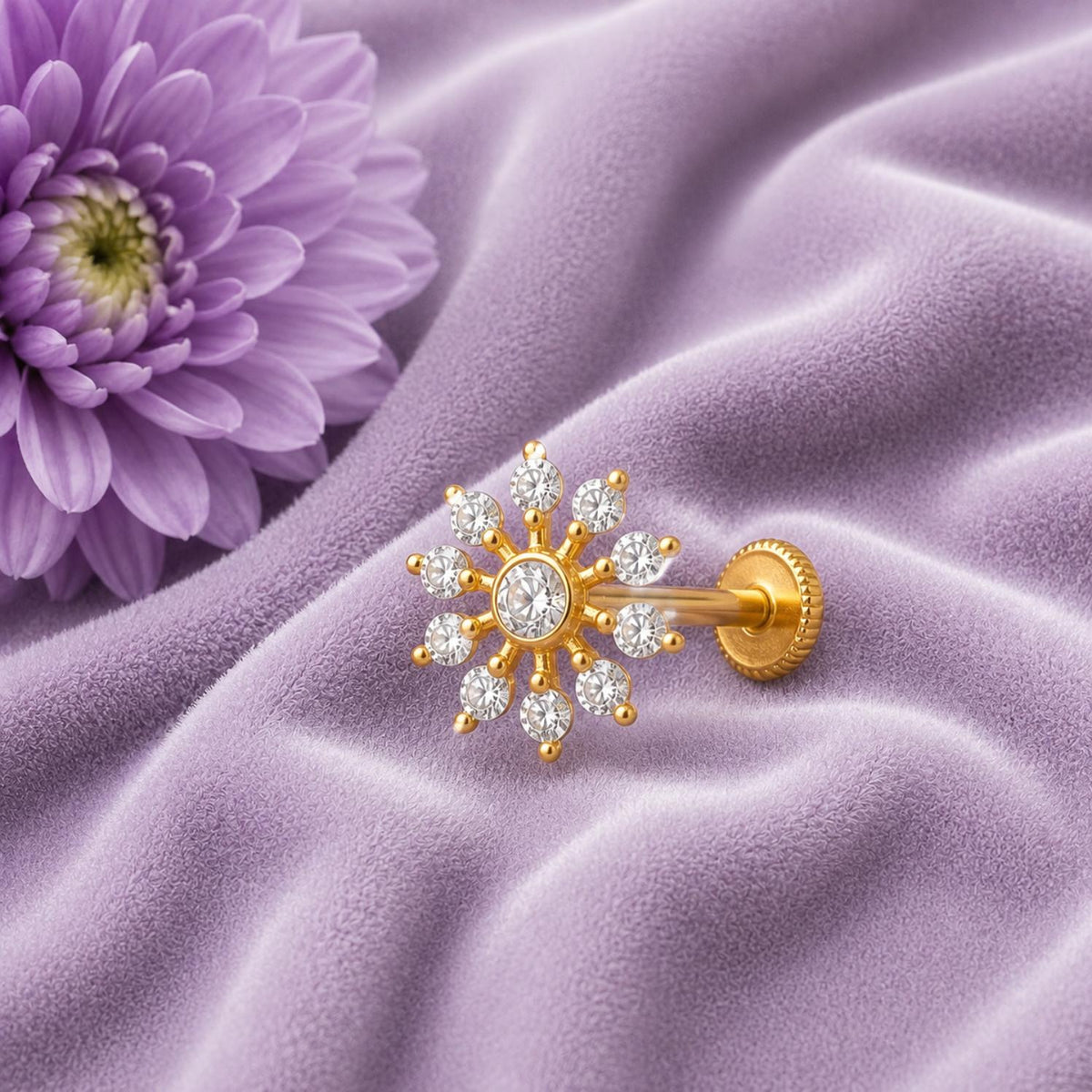 White CZ Cluster Design Sunburst Nose Pin - Gold Plated Sterling Silver
