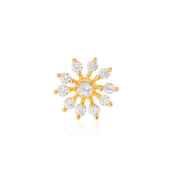 White CZ Cluster Design Sunburst Nose Pin - Gold Plated Sterling Silver