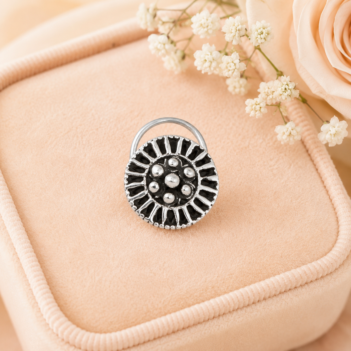 Sun Motif Tribal Design Nose Pin - 925 Oxidized  Sterling Silver
