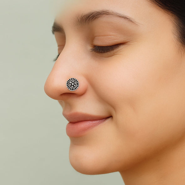 Sun Motif Tribal Design Nose Pin - 925 Oxidized  Sterling Silver