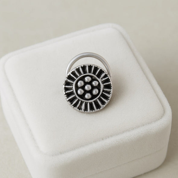 Sun Motif Tribal Design Nose Pin - 925 Oxidized  Sterling Silver