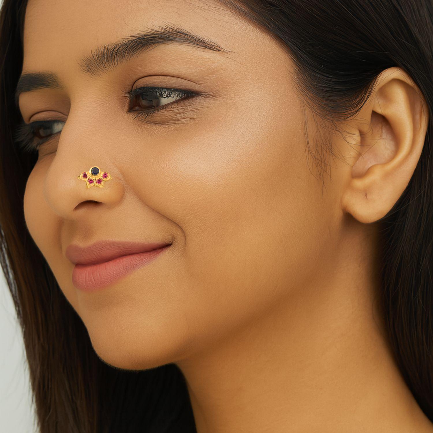 Blue & Red CZ Floral Nose Pin - Sterling Silver Gold Plated