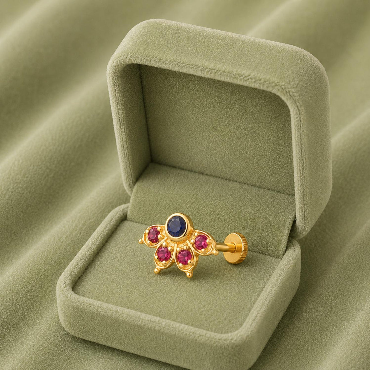 Black cz & Red CZ Floral Nose Pin - Sterling Silver Gold Plated