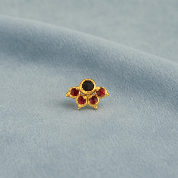 Blue & Red CZ Floral Nose Pin - Sterling Silver Gold Plated