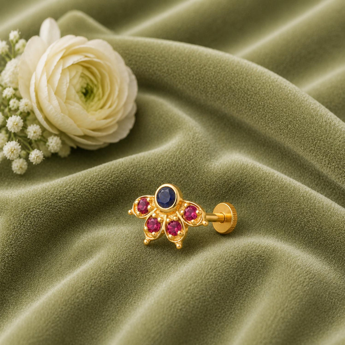 Black cz & Red CZ Floral Nose Pin - Sterling Silver Gold Plated
