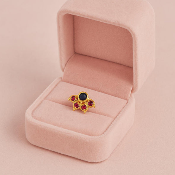 Blue & Red CZ Floral Nose Pin - Sterling Silver Gold Plated