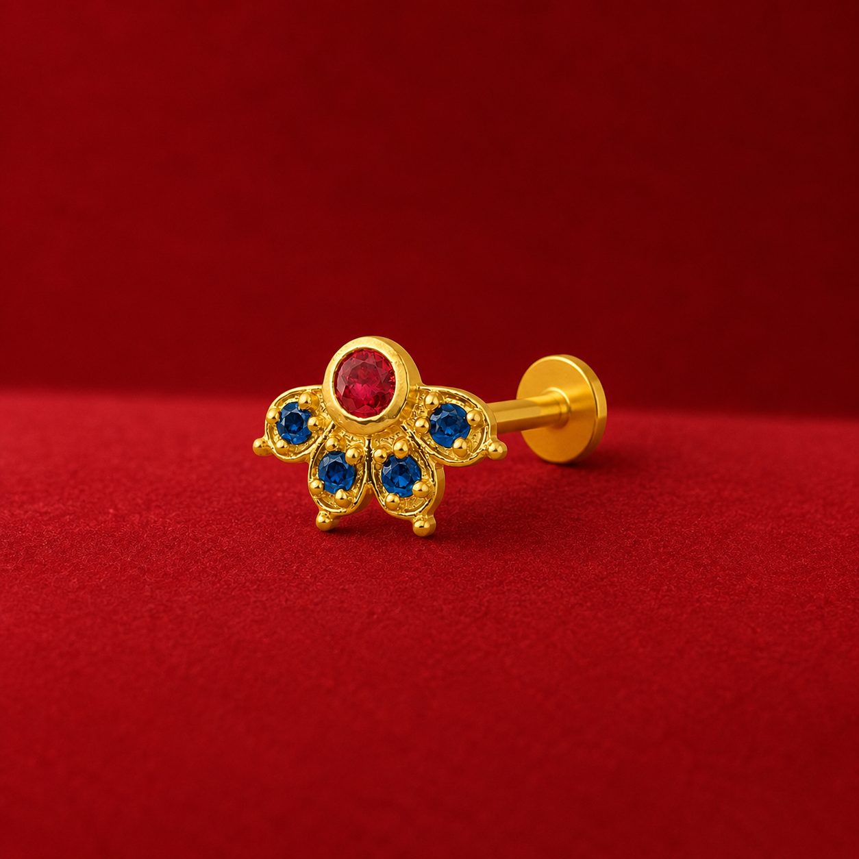 925 Sterling Silver Gold Plated Red CZ & Blue CZ Floral Nose Pin for Women | Screw Back Nose Stud
