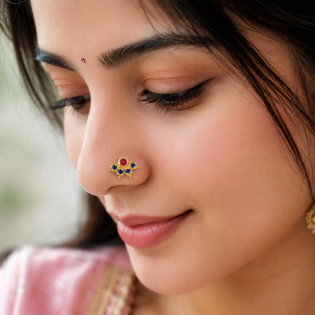 925 Sterling Silver Gold Plated Red CZ & Blue CZ Floral Nose Pin for Women | Screw Back Nose Stud