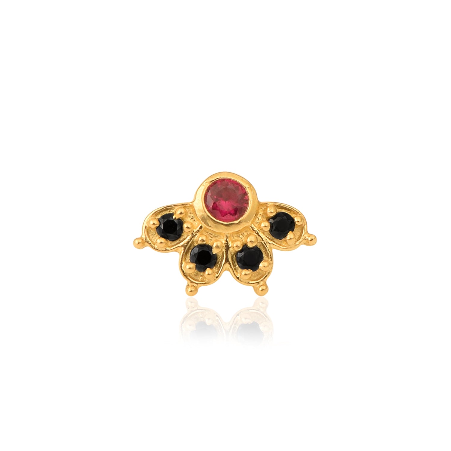 Red & Black CZ Floral Nose Pin - Sterling Silver Gold Plated