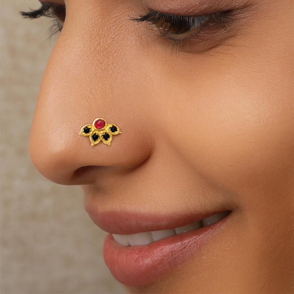 Red & Black CZ Floral Nose Pin - Sterling Silver Gold Plated