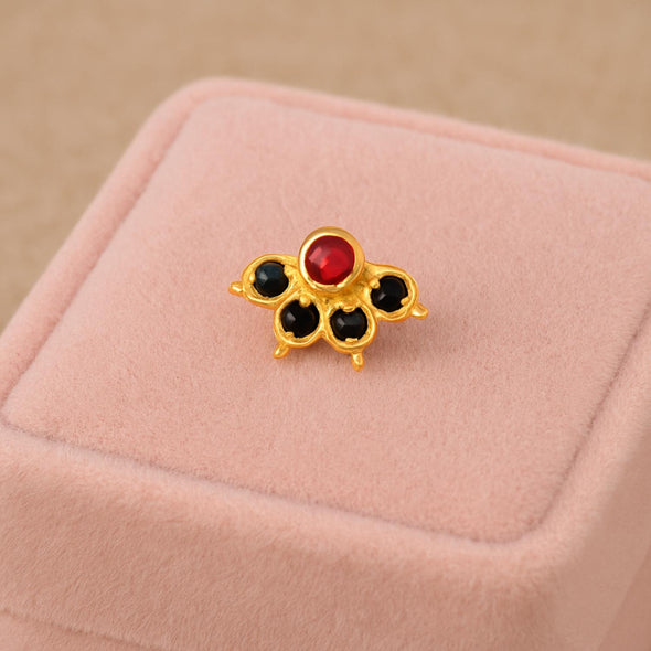 Red & Black CZ Floral Nose Pin - Sterling Silver Gold Plated