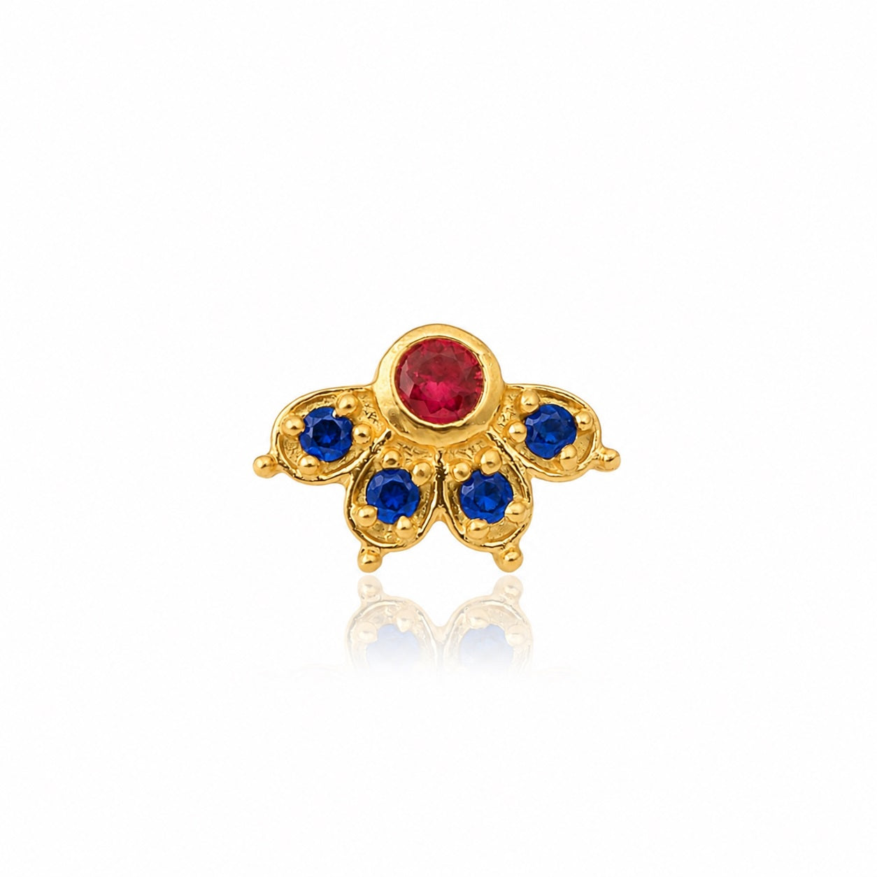 925 Sterling Silver Gold Plated Red CZ & Blue CZ Floral Nose Pin for Women | Screw Back Nose Stud