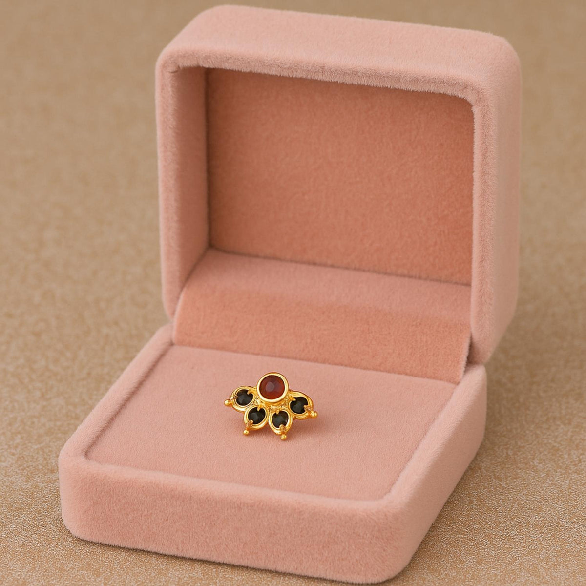 Red & Black CZ Floral Nose Pin - Sterling Silver Gold Plated