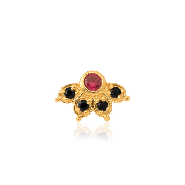 Red & Black CZ Floral Nose Pin - Sterling Silver Gold Plated
