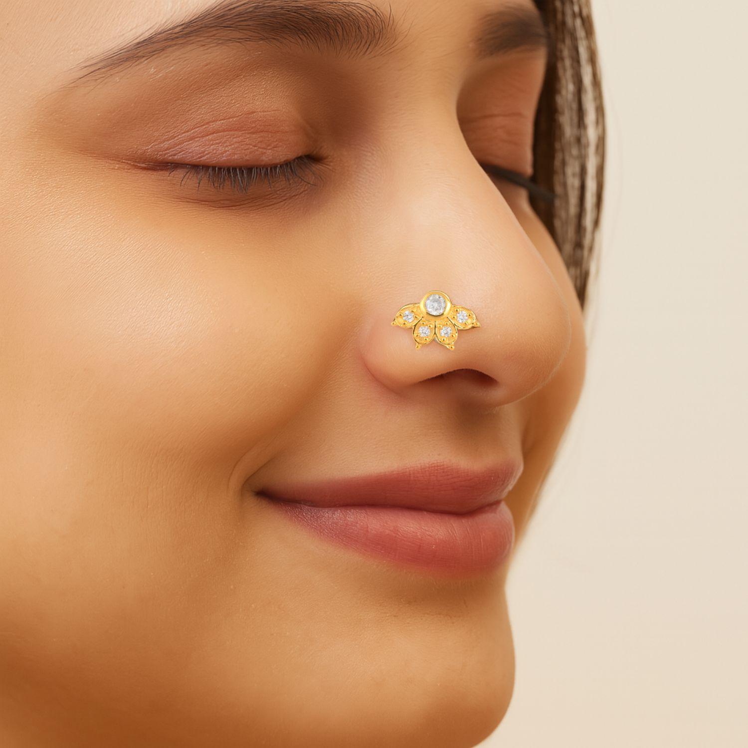 White CZ Floral Nose Pin - Sterling Silver Gold Plated
