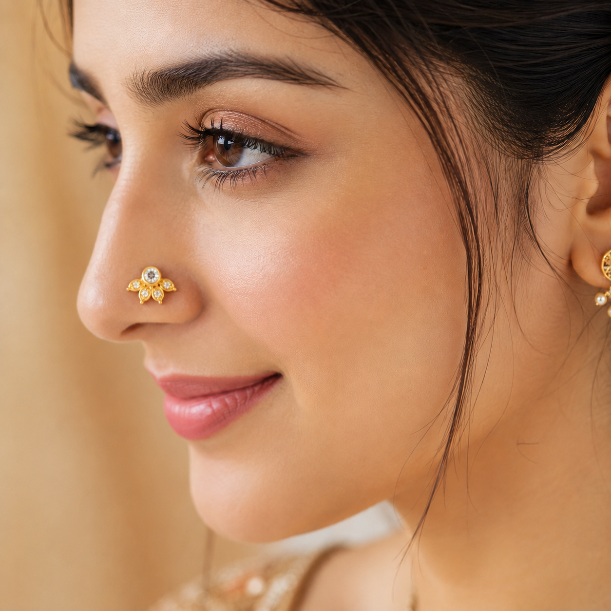 White CZ Floral Nose Pin - Sterling Silver Gold Plated