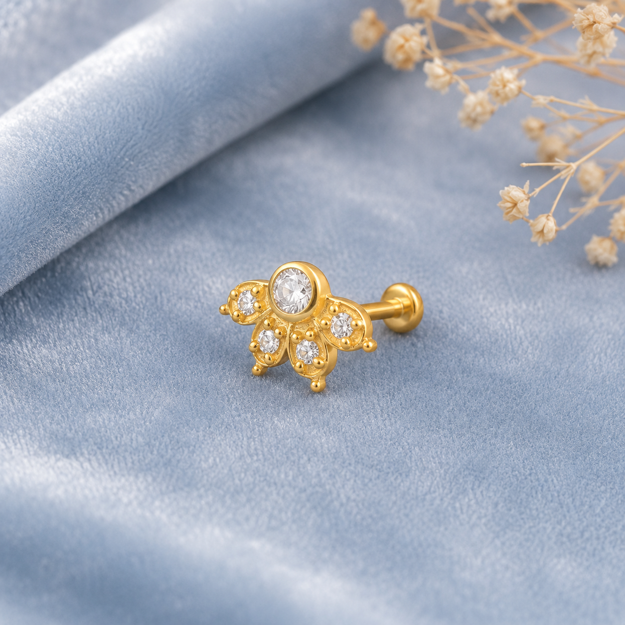 White CZ Floral Nose Pin - Sterling Silver Gold Plated