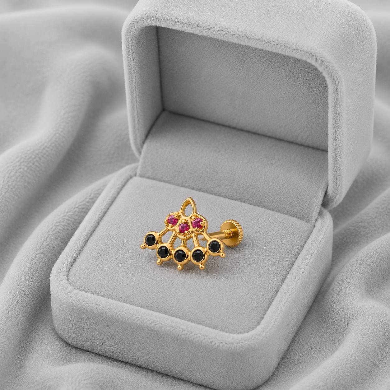 Red & Black CZ Lattice Floral Fan Nose Pin - Sterling Silver Gold Plated