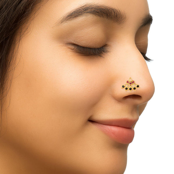 Red & Black CZ Lattice Floral Fan Nose Pin - Sterling Silver Gold Plated