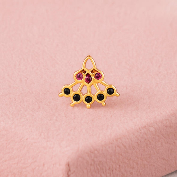 Red & Black CZ Lattice Floral Fan Nose Pin - Sterling Silver Gold Plated