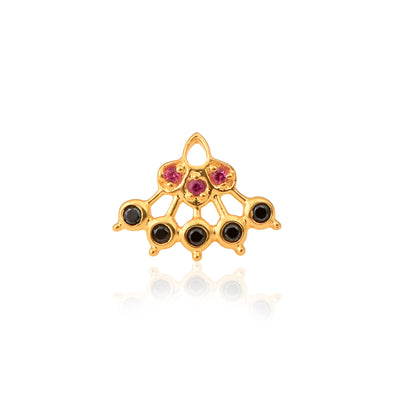 Red & Black CZ Lattice Floral Fan Nose Pin - Sterling Silver Gold Plated
